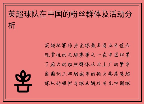 英超球队在中国的粉丝群体及活动分析